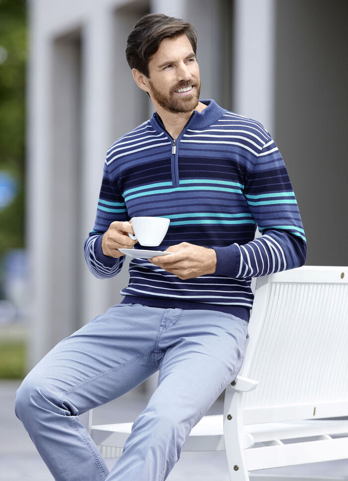 Gestreifter Troyer mit kurzem Reissverschluss MARINE-TÜRKIS