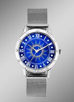 Silberfarbene Damenuhr mit Sonnenmotiv und Kristallakzenten 