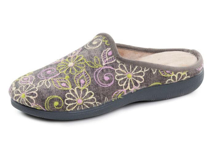 Laurina Pantoffel aus Textilmaterial mit bunter Blumenstickerei 