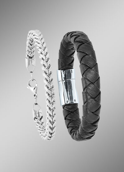 2-teiliges Armband-Set aus Edelstahl und Leder 