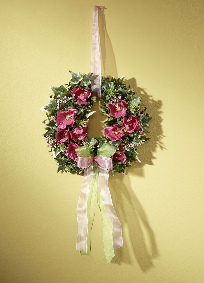 Wandkranz mit rosafarbenen Cosmea-Bl&uuml;ten 