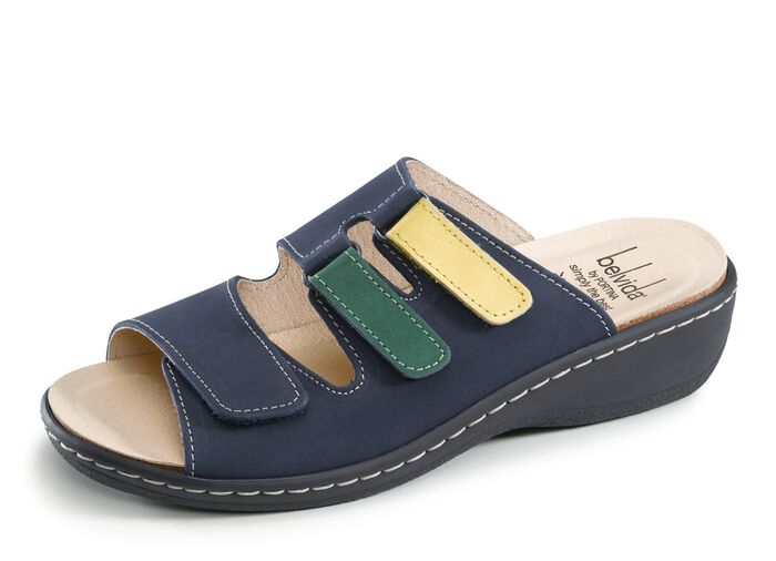 ELENA EDEN, bequeme Damen-Pantoletten, Weite H, mt herausnehmbarem Fussbett MARINE-BUNT