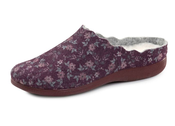 Laurina Pantoffel aus floral bedrucktem Filzmaterial AUBERGINE