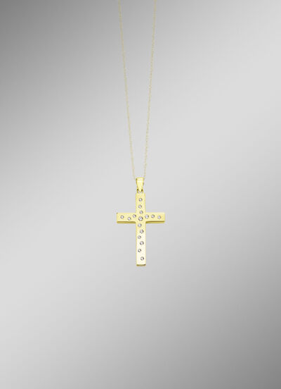 Beidseitig tragbarer Kreuz-Anhänger mit synth. Zirkonia 