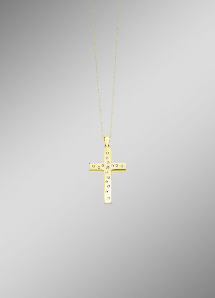 Beidseitig tragbarer Kreuz-Anh&auml;nger mit synth. Zirkonia 