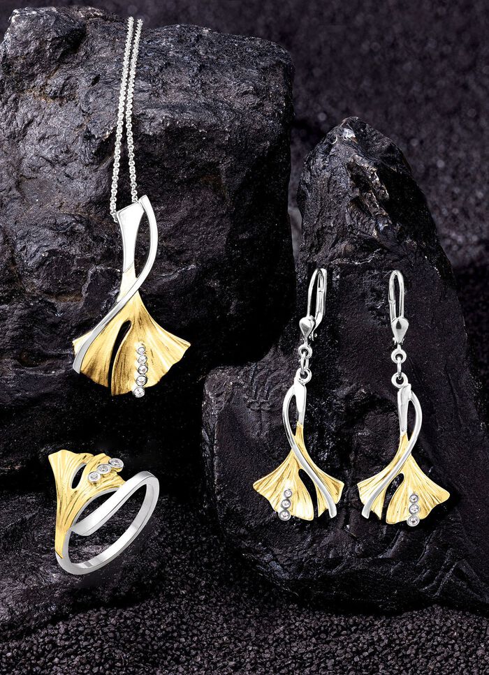 Damenring Ginkgoblatt in Bicolor mit synth. Zirkonia 
