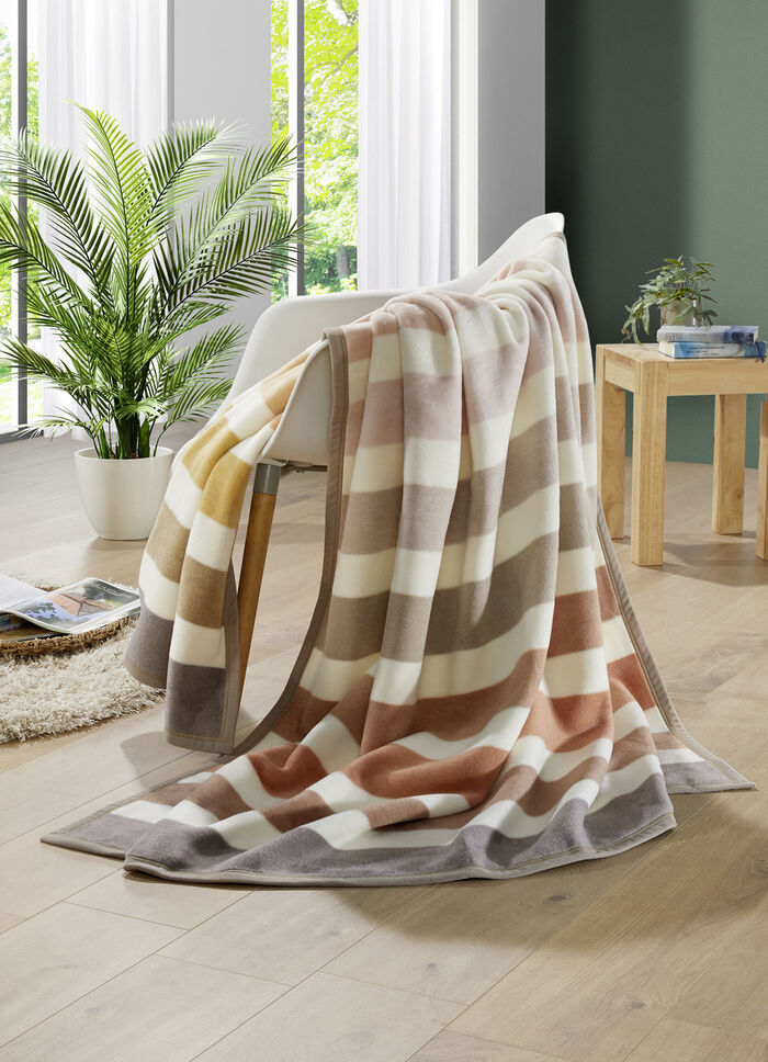 Wohndecke mit Veloursbandeinfassung BEIGE-BRAUN GESTREIFT