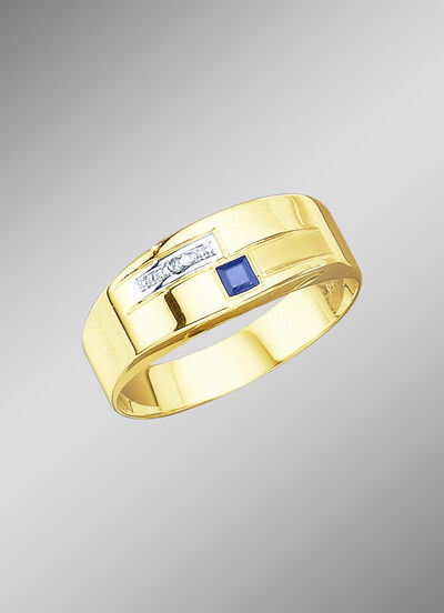 Herrenring in Bicolor mit Diamant und echt blauem Safir 