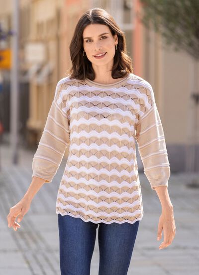 Pullover mit Ringeldessin und Wellenoptik 