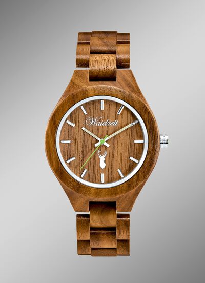 Partneruhr der Marke &laquo;Waidzeit&raquo;, komplett gefertigt aus naturbelassenem Walnussholz 