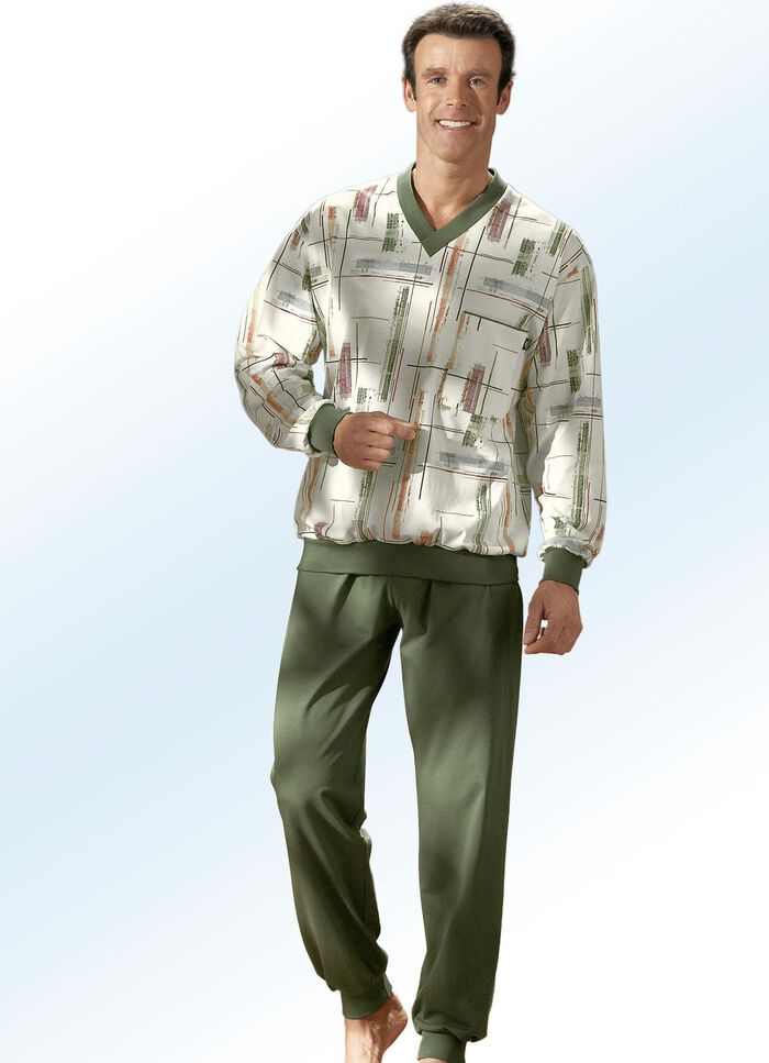 Pyjama mit Alloverdessin, V-Ausschnitt und Bündchen ECRU-OLIV