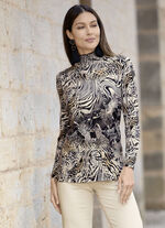 Shirt mit gesmoktem Stehkragen SCHWARZ-ECRU-CAMEL