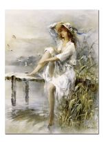 Bild &laquo;Nachdenkliche Frau an einem Idyllischen See&raquo; vom K&uuml;nstler Willem Haenraets 