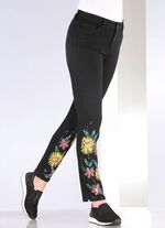 Jeans mit handbemalten, floralen Motiven 