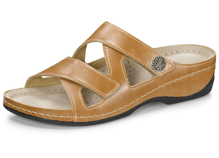 ELENA EDEN, bequeme Damen-Pantoletten, Weite G, mit Klettverschluss COGNAC