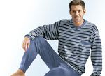 Pyjama mit Bündchenabschlüssen, V-Ausschnitt und garngefärbtem Ringeldessin JEANSBLAU