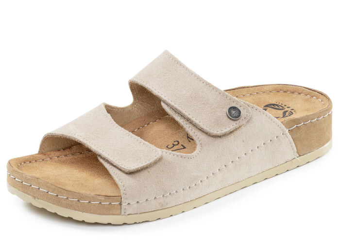 Mubb, bequeme Damen-Pantoletten, Weite H, mit Klettverschluss SAND