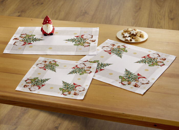 Tischdecke mit weihnachtlichem Wichtel-Dessin NATUR-BUNT