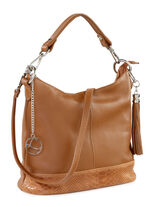 Laurina Kalbleder-Tasche mit reptilgeprägtem Besatz COGNAC