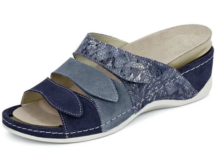 Mubb, bequeme Damen-Pantoletten, Weite H, mit herausnehmbarem Fussbett BLAU