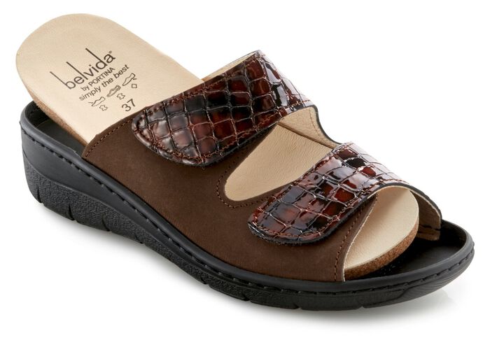 ELENA EDEN, bequeme Damen-Pantoletten, Weite H, mit herausnehmbarem Fussbett BRAUN-BORDEAUX