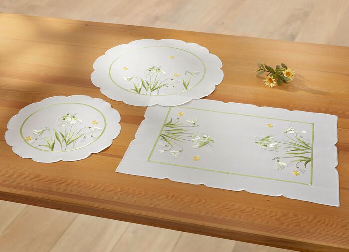 Bestickte Tisch- und Raumdekoration mit Schneegl&ouml;ckchen-Dessin SEKT-BUNT