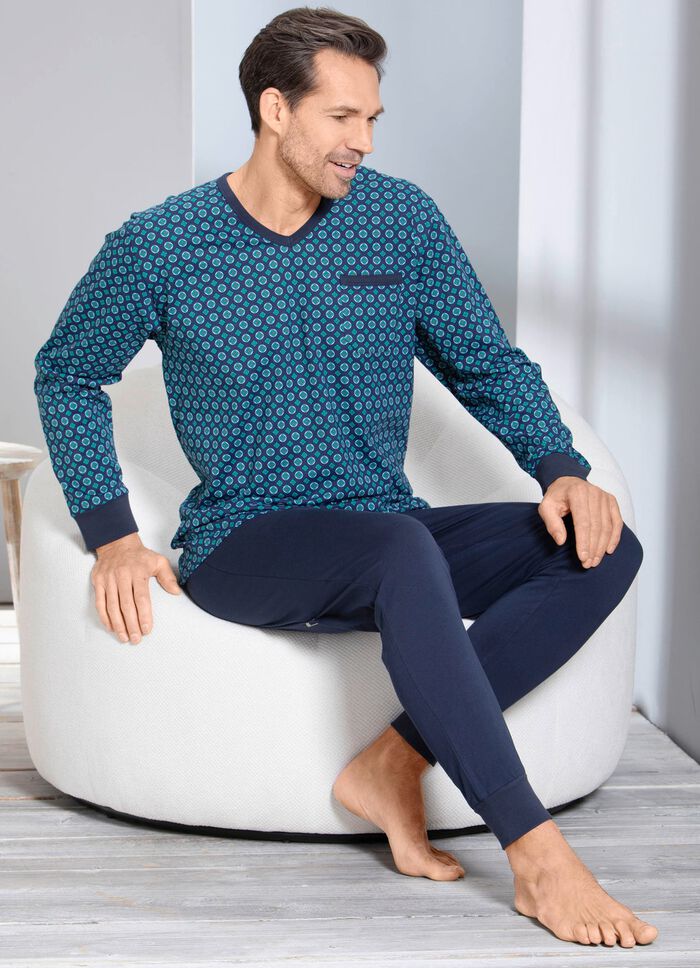 Schlafanzug mit V-Ausschnitt und B&uuml;ndchenabschl&uuml;ssen  