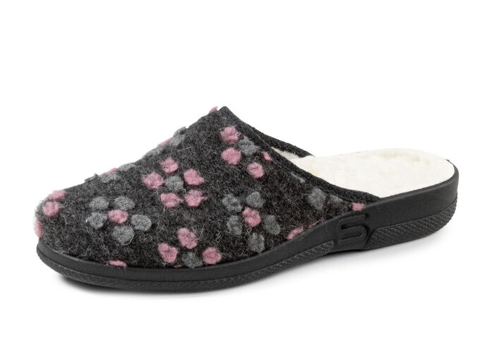 Pantoffel mit Blüten-Dessin ANTHRAZIT-ROSA