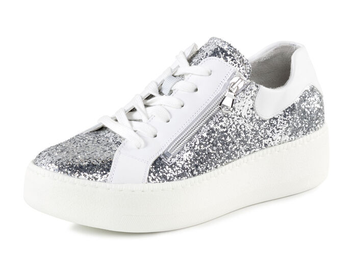 Waldläufer Sneaker mit Streuglitzer und Leo-Druck SILBER-WEISS