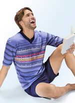 Shorty mit V-Ausschnitt und platziertem Druckmotiv vorne JEANSBLAU-BUNT