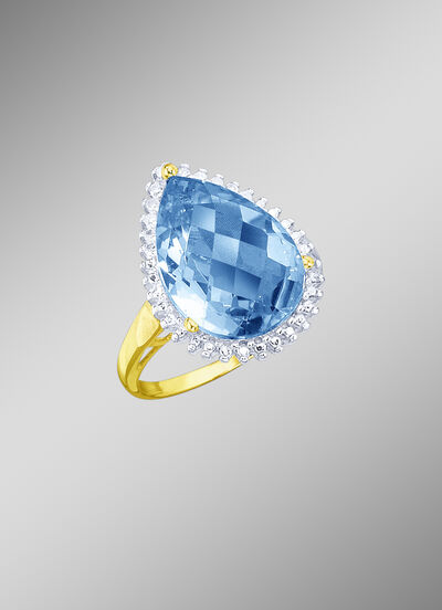 Damenring mit Diamanten und echt Blautopas-Tropfen 