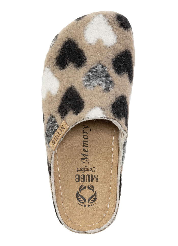 Mubb Wollfilz-Pantoffel mit frechem Herzchen-Dessin BEIGE-SCHWARZ