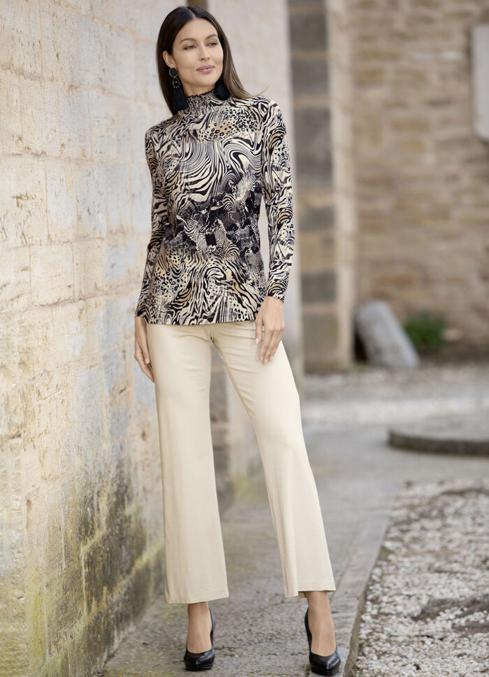 Shirt mit gesmoktem Stehkragen SCHWARZ-ECRU-CAMEL