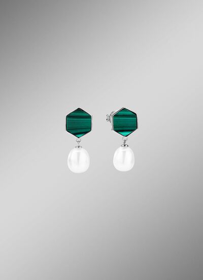 Ohrstecker mit S&uuml;sswasser-Zuchtperle und echt Malachit 
