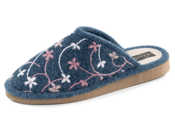 Laurina,leichte Damen-Hausschuhe, mit bunter Blüten-Stickerei BLAU