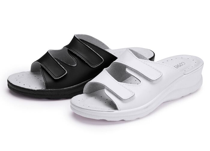 Zweierpack klassische Damen-Pantoletten, Weite H, mit Klettverschluss 1X WEISS, 1X SCHWARZ