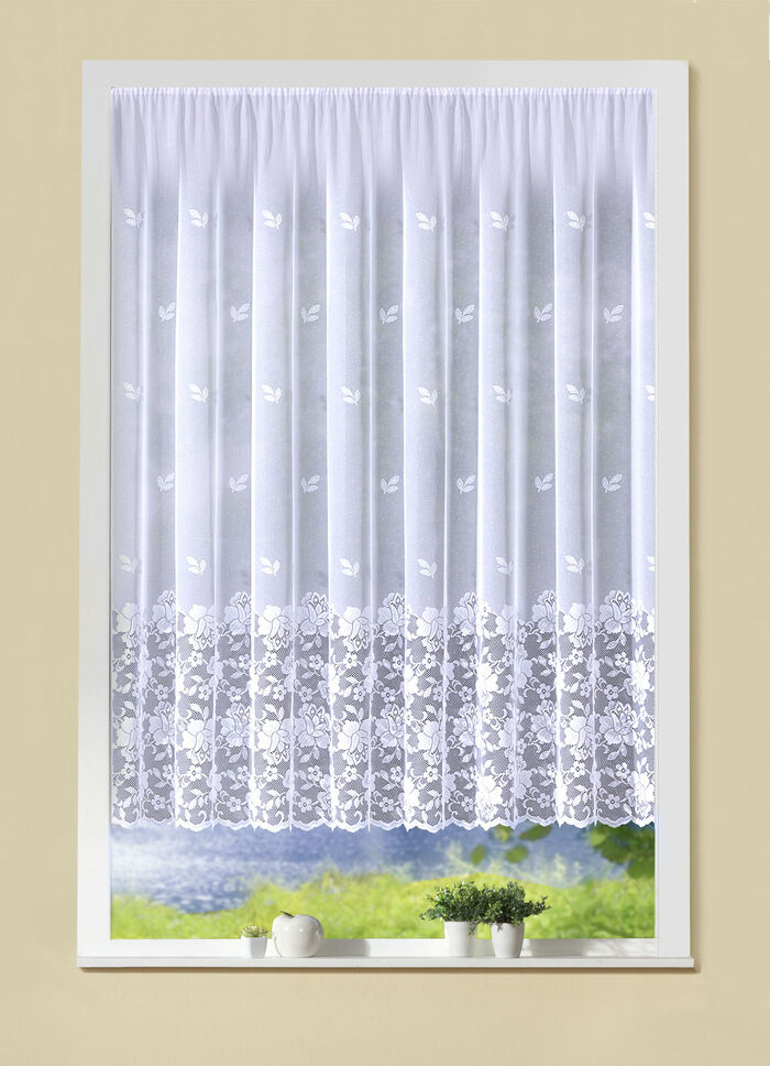 Filigraner Blumenfenster-Vorhang mit Automatikfaltenband 1:3 