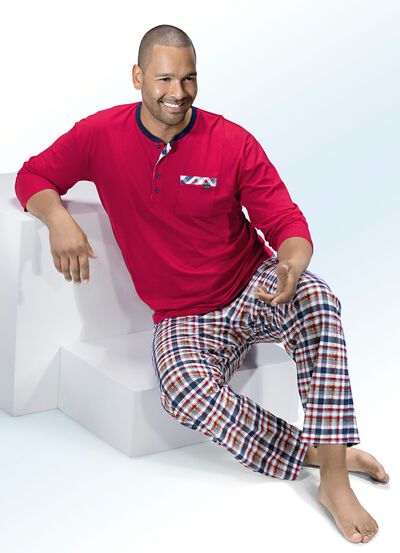 Pyjama mit Knopfleiste, Brusttasche und Karodessin ROT-BUNT