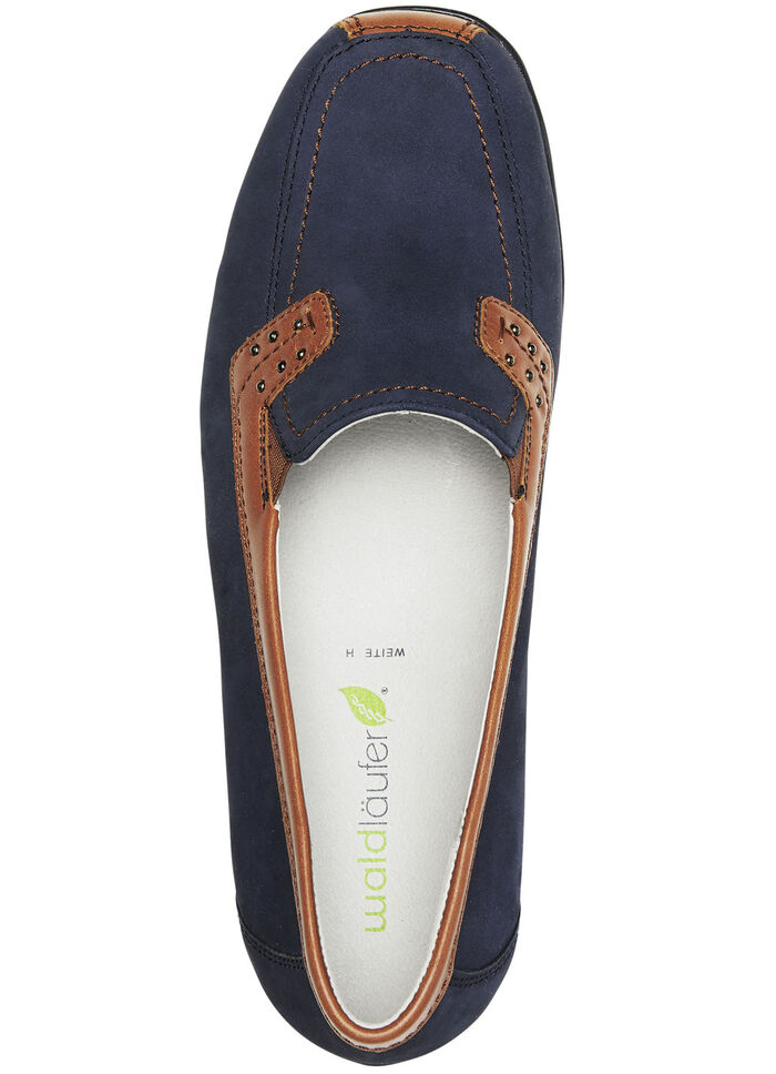 Waldläufer, bequeme Damen-Slipper, Weite H, mit herausnehmbarem Fussbett MARINE-COGNAC