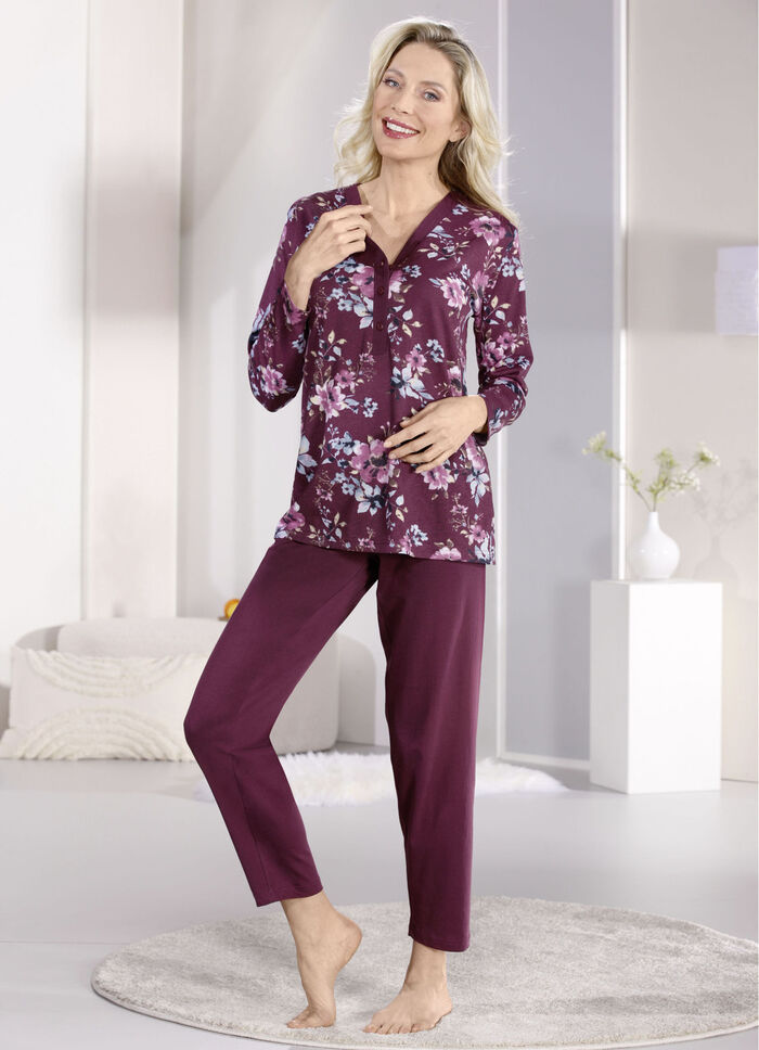 Pyjama mit Blende und Knopfleiste sowie langen Ärmeln BORDEAUX-BEERE-BUNT