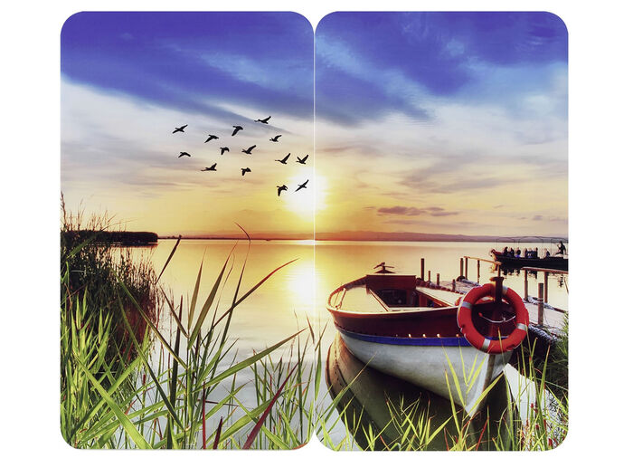 Herdabdeckplatten oder Wandblende aus Glas, Motiv Idylle am See 
