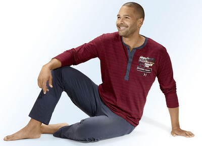 Zweierpack Pyjamas mit langer Knopfleiste, garngefärbtem Ringeldessin und Druckmotov  Zweierpack Pyjamas mit langer Knopfleiste, garngefärbtem Ringeldessin und Druckmotov