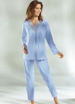 Pyjama, Langarm mit V-Ausschnitt und Spitze BLEU