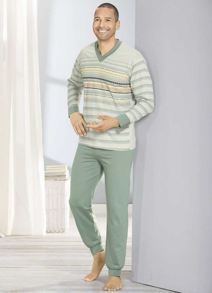 Pyjama mit V-Ausschnitt, Bündchenabschüssen und platziertem Druckdessin MINTGRÜN-JADE-BUNT