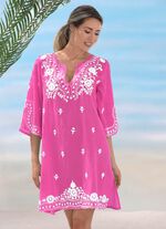 Tunika mit weisser Stickerei sowie Seitenschlitzen, reine Baumwolle FUCHSIA-WEISS