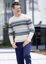 Gestreifter Rundhalspullover NATUR-GRAU-JEANSBLAU GESTREIFT