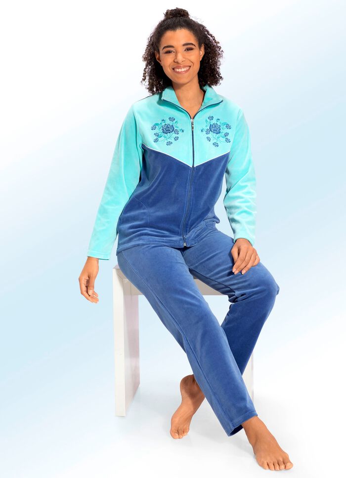 Hausanzug mit Stickerei- und Strasssteinzier BLAU-MINT