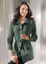 Strickjacke mit Zopfmuster DUNKELGRÜN MELIERT