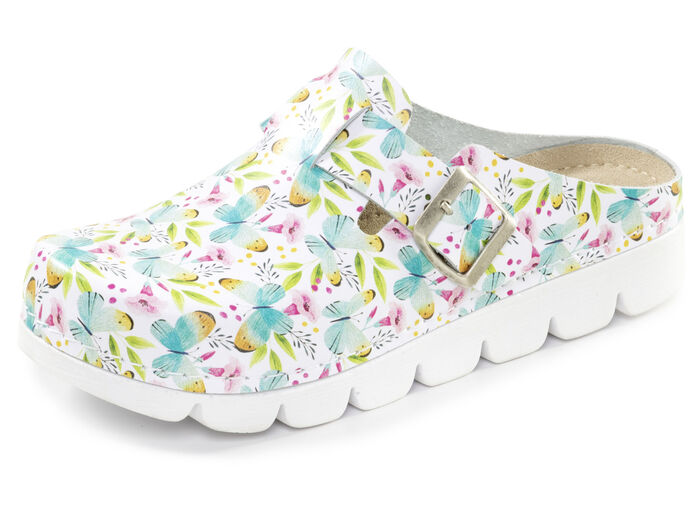 Klassische Damen-Clogs, mit anatomisch, gepolstertem Fussbett WEISS-BUNT