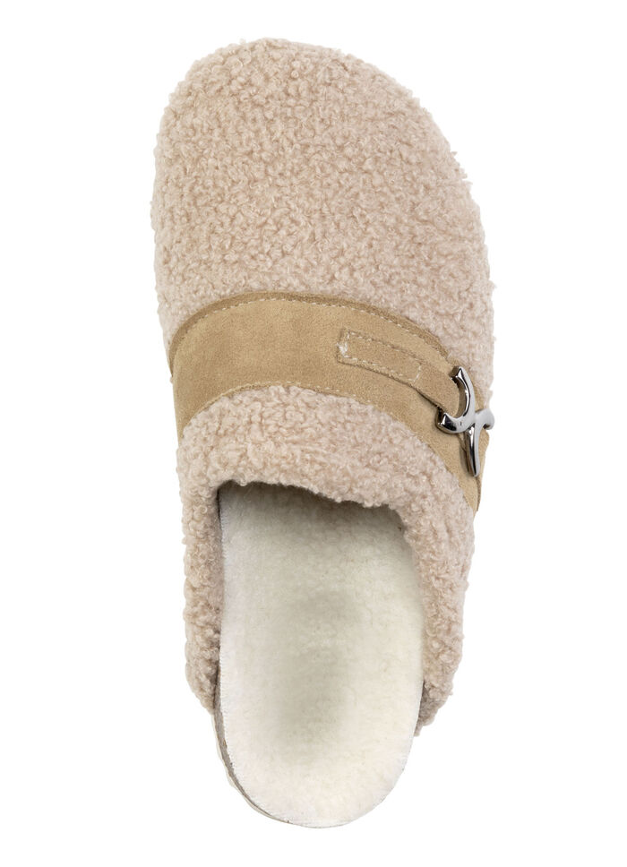 Laurina Pantoffel aus weichem Plüsch mit Veloursbesatz SANDBEIGE